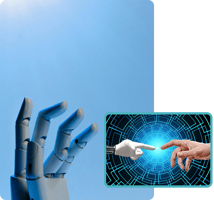 A robot hand reaching towards a human hand.