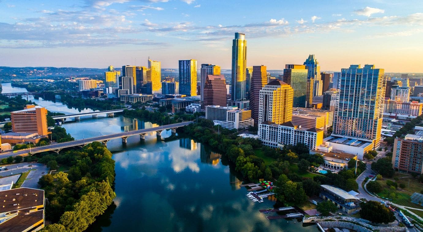 A view of the city skyline from above.